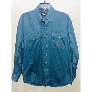 VINTAGE Roper Rodeo Blue Shirt Men Large Green Western Denim Button Up Patch USA